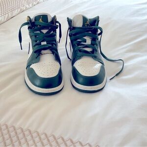 Nike High Top Green and Gold Jordans